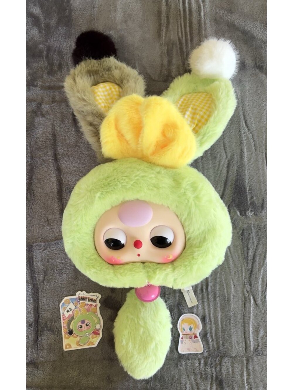Baby Three Lucky Rabbit Plush Zipper Bag Green Bunny Moving Eyes ID Card Sticker